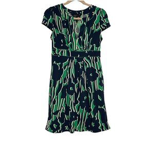 Bcbgmaxazria|retro FLORAL PRINT FIT‎ & FLARE DRESS GREEN NAVY BLUE S